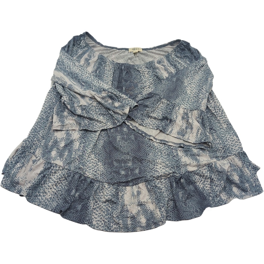 Style & Co Snakeskin Print Off Shoulder Bell Sleeve Ruffle Blouse Blue XL